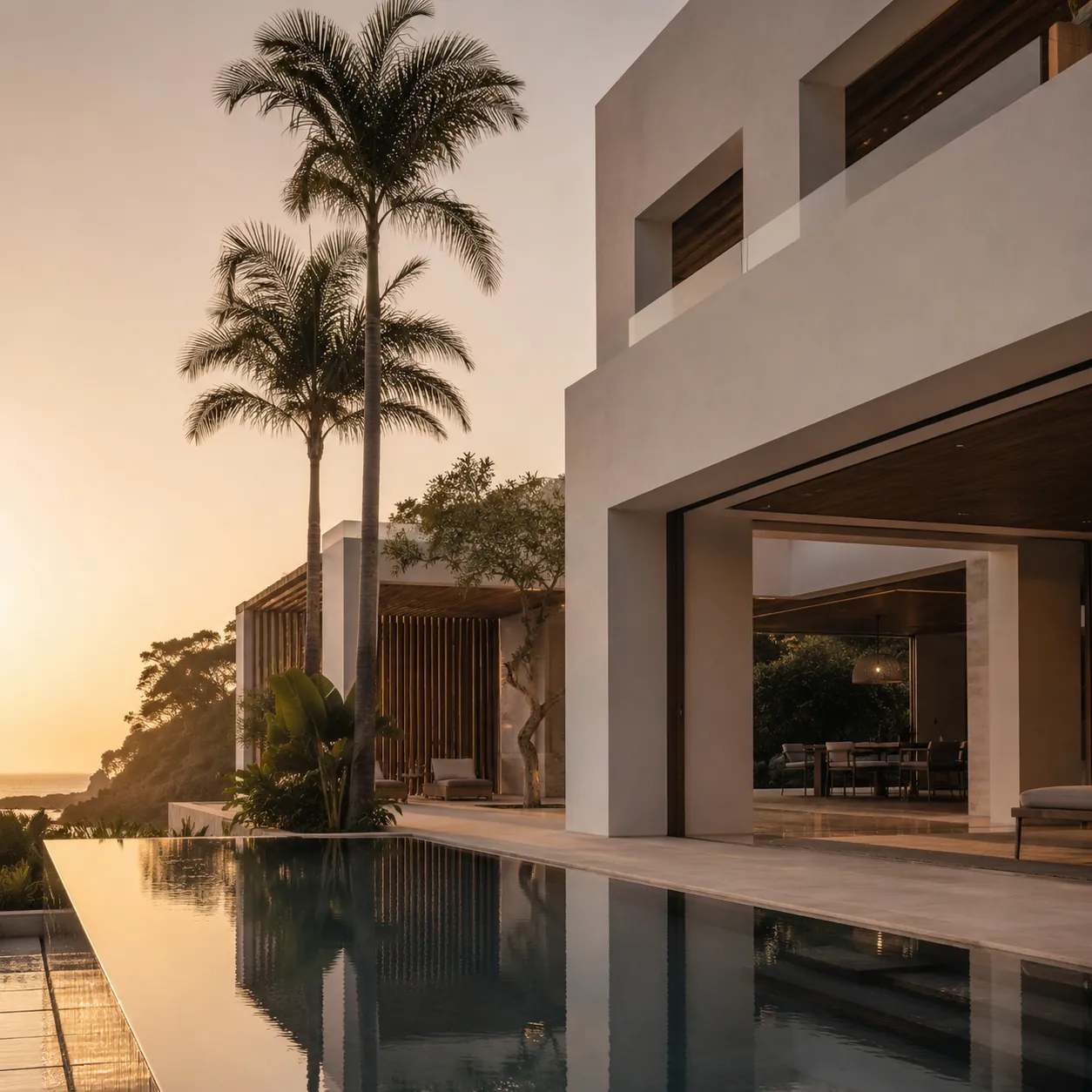 Alba — render exterior residencial Manga al atardecer