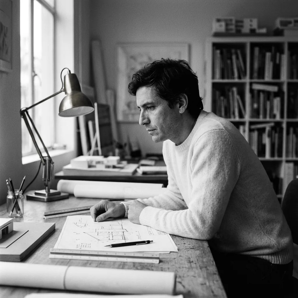 Mateo Aristizábal en su estudio en Cartagena, trabajando sobre planos arquitectónicos